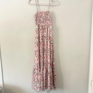 Floral Smocked Maxi Dress Pink Spaghetti Strap Tiered Summer Dress Size S